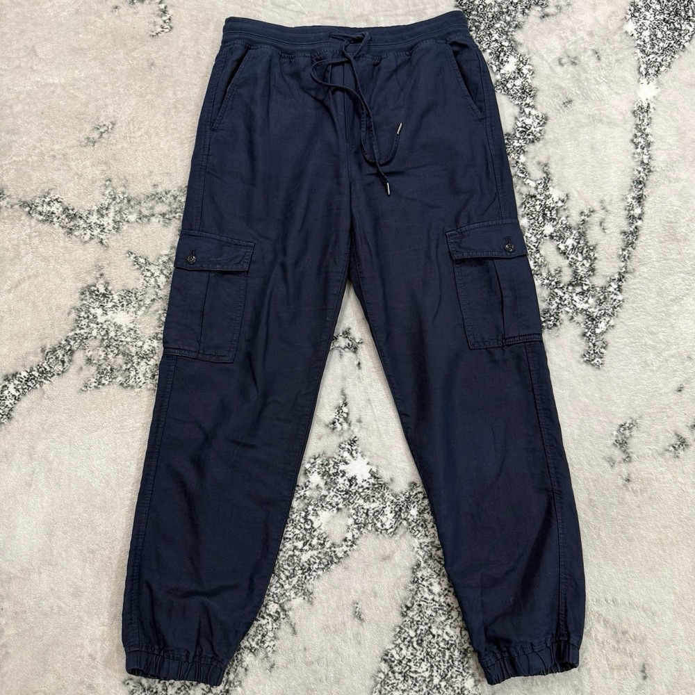 Gap Khakis Linen Blend Cargo Jogger Pants Navy Drawstring Elastic Waist Small